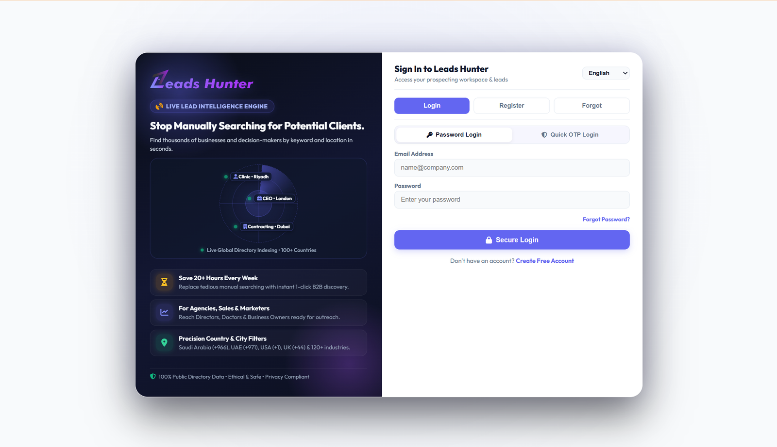 Leads Hunter Login Page